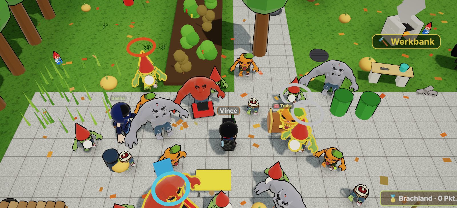 Szene aus dem Spiel: Vince im Garten, umzingelt von Gammlern